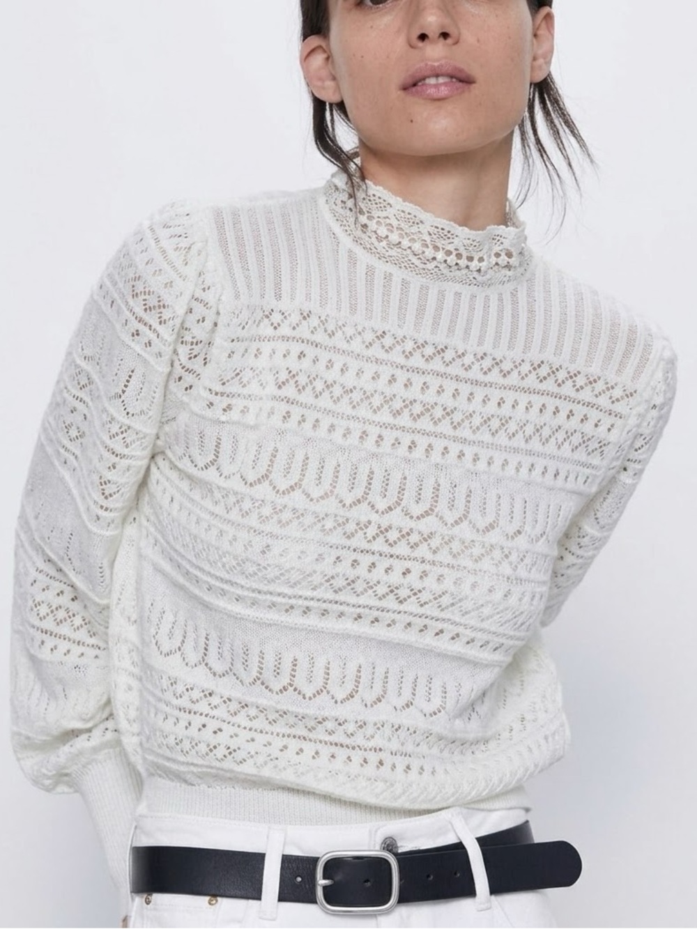 Zara Cream Pointelle Openwork Lace High Neck Sweater S